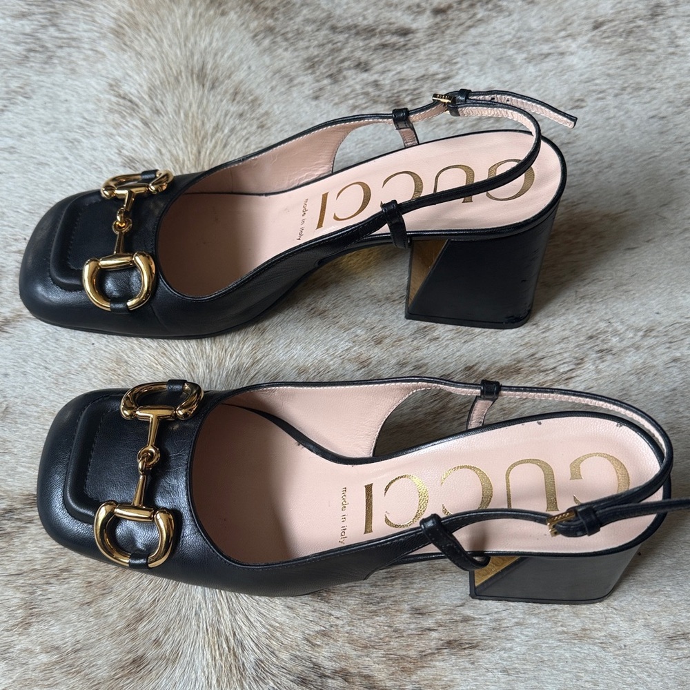 Gucci 37 7 Black Leather Gold Horsebit Mark Jane Pumps Heels Slingback with Box - Picture 6 of 16